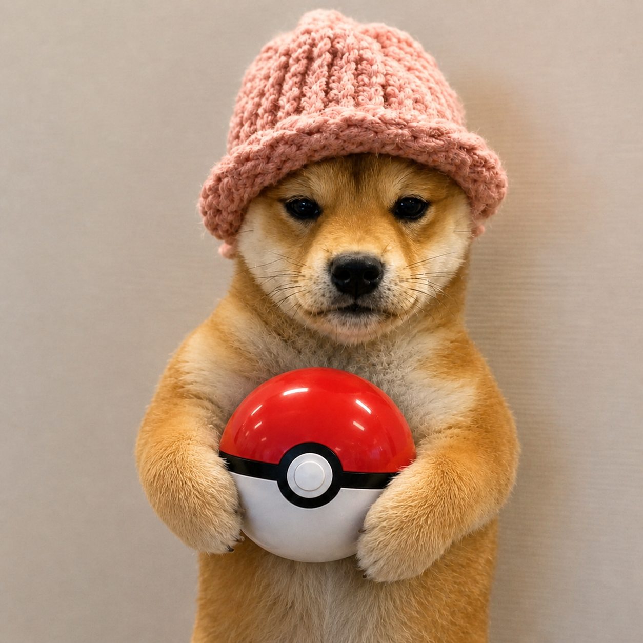 Shiba Inu puppy in a pink knitted hat holding a red and white ball.